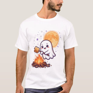 Cute Ghost Roasting Marshmallows Campfire Art T-Shirt
