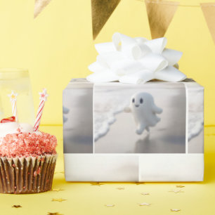 Cute Ghost Running On a Beach Wrapping Paper