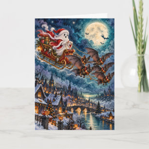 Cute Ghost Santa in Sleigh Pulled by Bats Creepmas Holiday Card