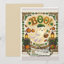 Cute Ghost & Shamrock Halloween Birthday Invitatio
