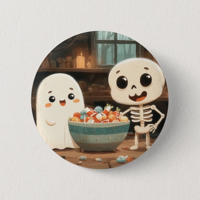 Cute Ghost & Skeleton With Candy Bowl - Button (Front)