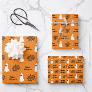 Cute Ghost, Spiderweb & "Happy Halloween" pattern Wrapping Paper Sheet