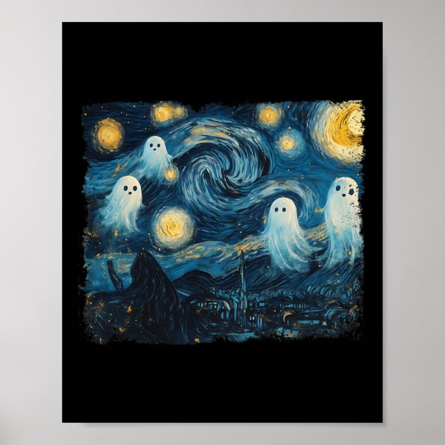 Cute Ghost Starry Night Halloween Spooky Retro Van Poster (Front)