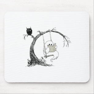 Cute Ghost Swinging Reading Book Halloween Ghost C Mouse Pad