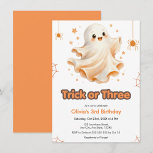 Cute Ghost Trick or Three Halloween 3rd Birthday Invitation