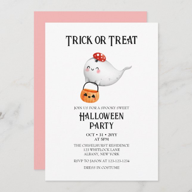 Cute Ghost Trick or Treat Bucket Halloween Party Invitation (Front/Back)