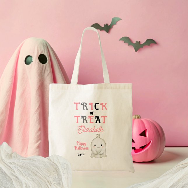 Cute Ghost Trick or Treat Halloween Tote Bag (Cute Rosy-Cheeked Ghost Pink, Black and Gray Trick or Treat Halloween Tote Bag)