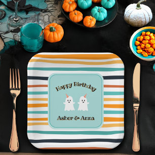 Cute Ghost Twins Halloween Stripe Happy Birthday Paper Plate