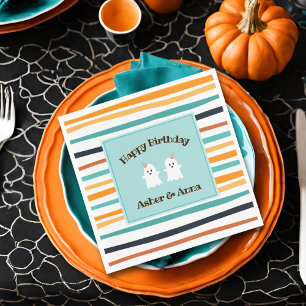 Cute Ghost Twins Stripe Halloween Happy Birthday Napkin