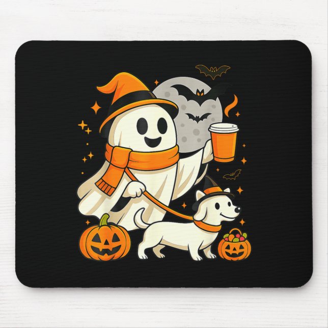 Cute Ghost Walking Dachshund Spooky Season Mouse Pad (Front)