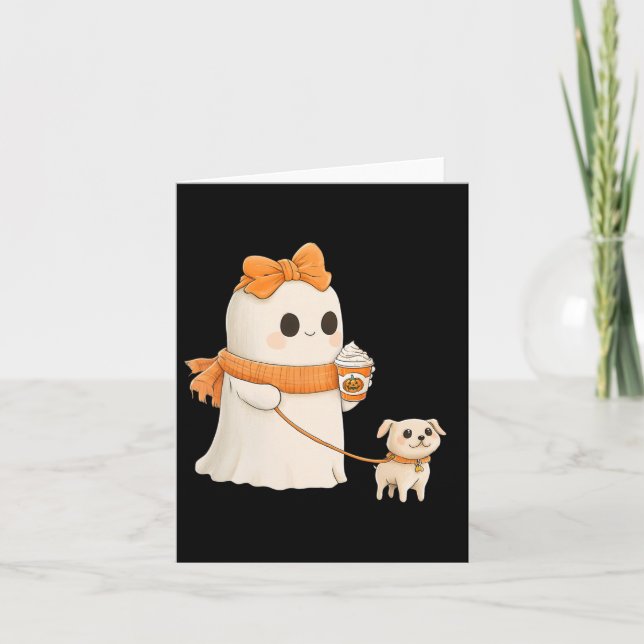 Cute Ghost Walking Dog Coquette Bow Halloween Dog  Card (Front)