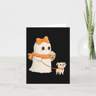 Cute Ghost Walking Dog Coquette Bow Halloween Dog Card