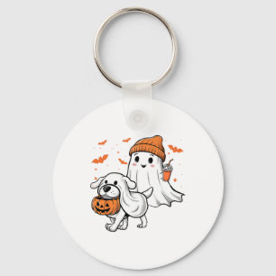 Cute Ghost Walking Dog Coquette Bow Halloween Dog  Key Ring