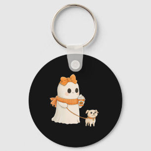 Cute Ghost Walking Dog Coquette Bow Halloween Dog Key Ring