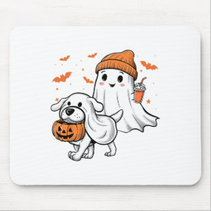 Cute Ghost Walking Dog Coquette Bow Halloween Dog Mouse Pad
