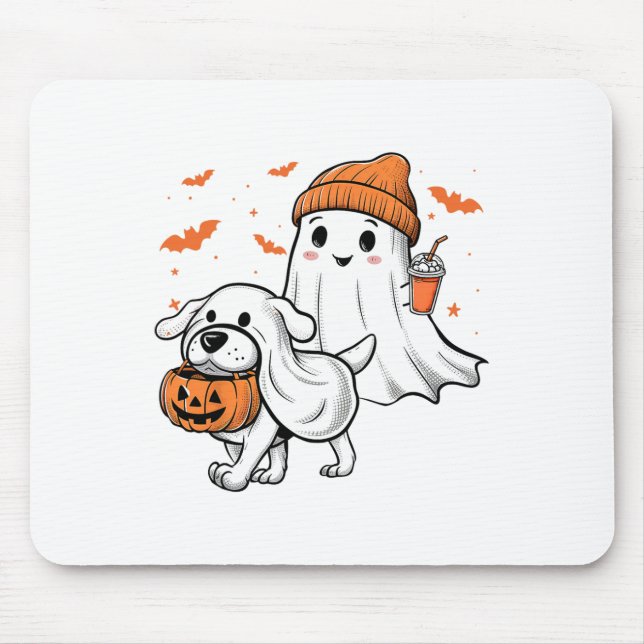Cute Ghost Walking Dog Coquette Bow Halloween Dog  Mouse Pad (Front)