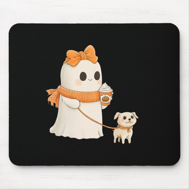 Cute Ghost Walking Dog Coquette Bow Halloween Dog  Mouse Pad (Front)