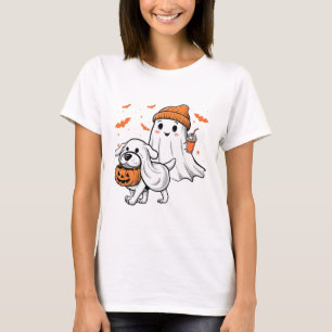 Cute Ghost Walking Dog Coquette Bow Halloween Dog  T-Shirt