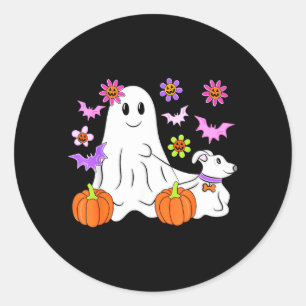 Cute Ghost Walking Dog Floral Pumpkin Pet Lover Classic Round Sticker