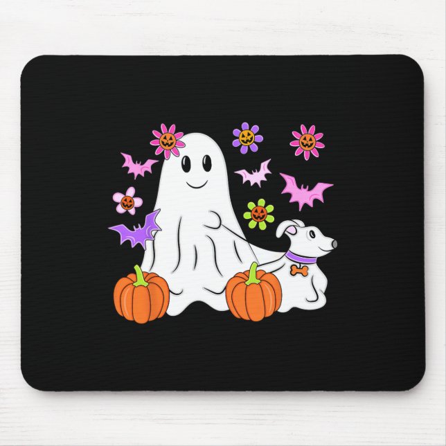 Cute Ghost Walking Dog Floral Pumpkin Pet Lover Ha Mouse Pad (Front)