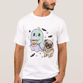 Cute Ghost Walking Dog Pug Coffee Halloween Costum T-Shirt
