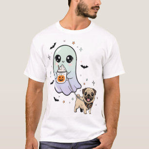 Cute Ghost Walking Dog Pug Coffee Halloween Costum T-Shirt
