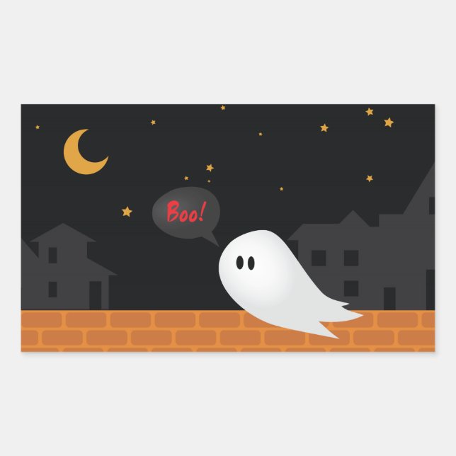 Cute ghost wandering in streets at night. rectangular sticker (Front)