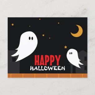 Cute ghost wandering in town halloween night holiday postcard