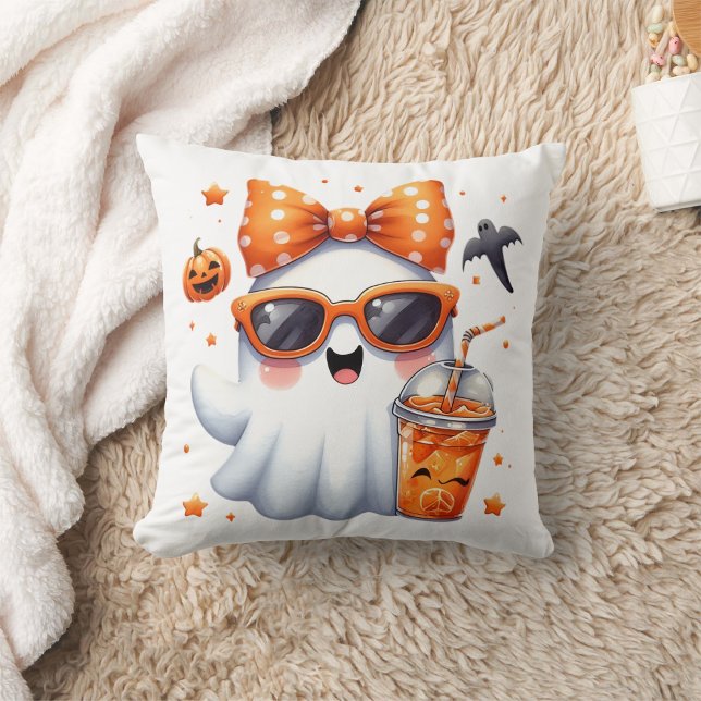 cute ghost wearing orange sunglasses and hair bow cushion (Creator Uploaded)