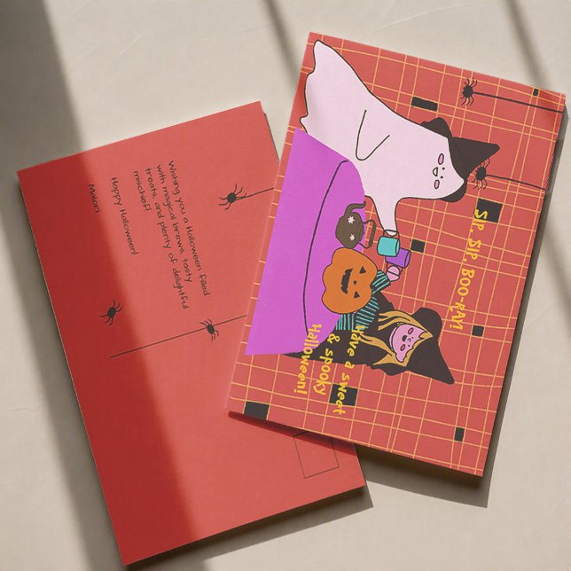 Cute Ghost & Witch Halloween  Postcard (Creator Uploaded)