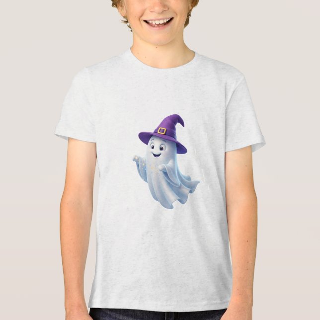 Cute Ghost Witch Hat Halloween Design Tri-Blend Shirt (Front)