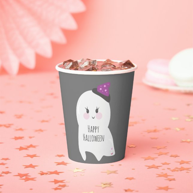 Cute Ghost Witch Hat Halloween Grey Paper Cups (Insitu)