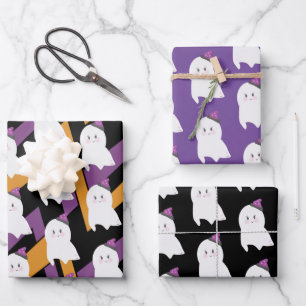 Cute Ghost Witch Hat Halloween Theme Wrapping Paper Sheet
