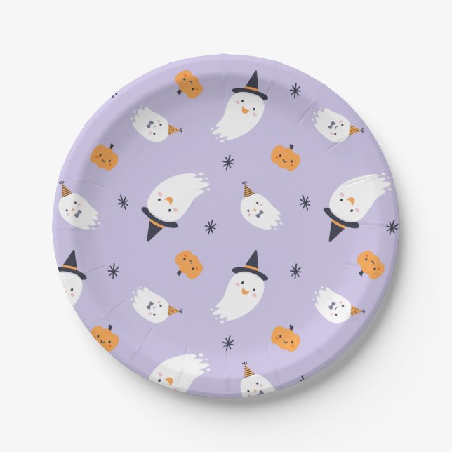 Cute Ghost Witch Hat Pumpkins Purple Party Paper Plate (Front)