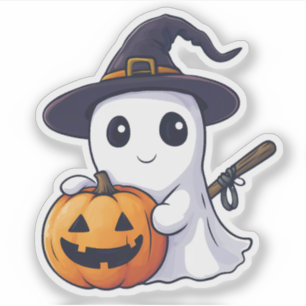 Cute Ghost Witch with Jack-o-Lantern