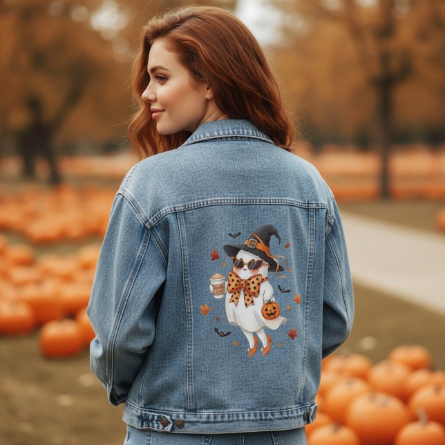 Cute Ghost Witch with Pumpkin Spice Latte Denim Jacket (Creator Uploaded)
