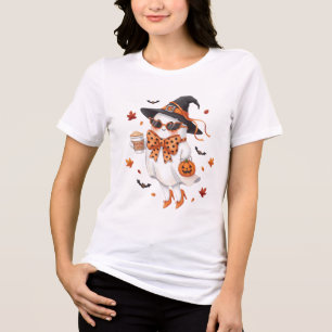 Cute Ghost Witch with Pumpkin Spice Latte Tri-Blend Shirt