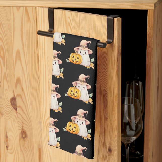 Cute Ghost Witches Hat Pumpkin Pattern Halloween Tea Towel (Thirds Fold)