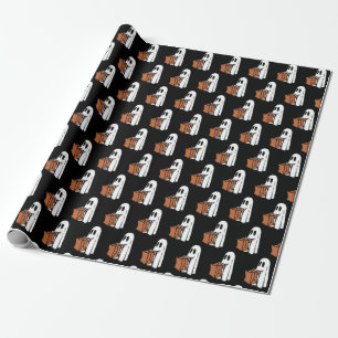Cute Ghost with Bag Trick or Treating on Black Wrapping Paper