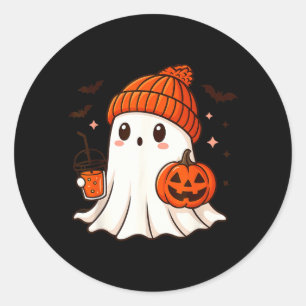 Cute Ghost with Beanie Holding Pumpkin Coffee Classic Round Sticker