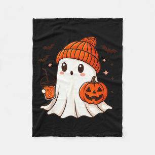Cute Ghost with Beanie Holding Pumpkin Coffee Fleece Blanket