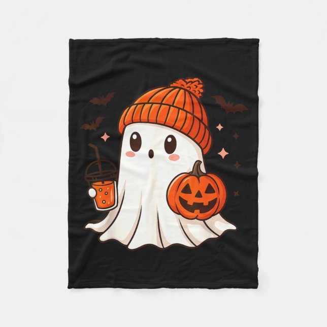 Cute Ghost with Beanie Holding Pumpkin Coffee Fleece Blanket (Front)