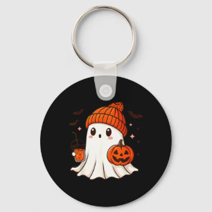 Cute Ghost with Beanie Holding Pumpkin Coffee Key Ring