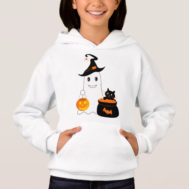 Cute ghost with black cat celebrate halloween (Front)