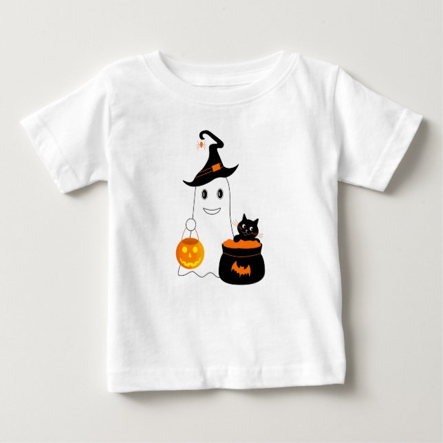 Cute ghost with black cat celebrate halloween baby T-Shirt (Front)