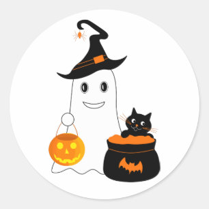 Cute ghost with black cat celebrate halloween classic round sticker
