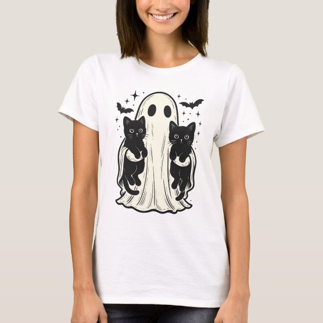 Cute Ghost with Black Cat Halloween,   Cat Lover T-Shirt (Front)