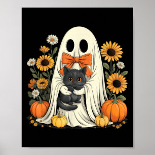 Cute Ghost With Black Cat Halloween Pumpkin Poster