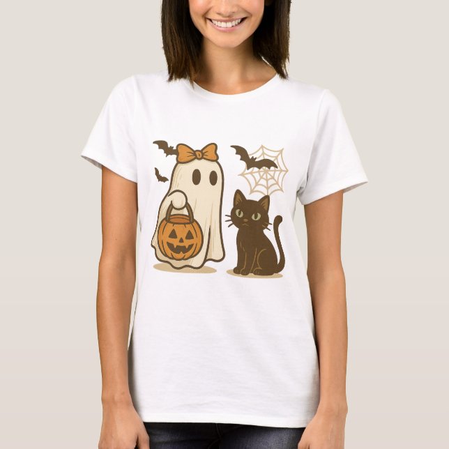 Cute Ghost with Bow and Black Cat – Spooky Kawaii  T-Shirt (Front)
