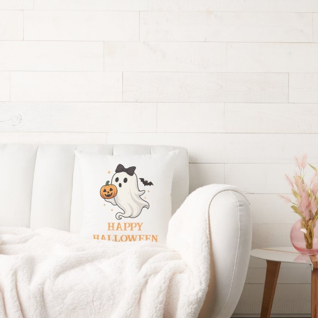 Cute Ghost with Bow and Pumpkin | Halloween  Cushion (Couch)
